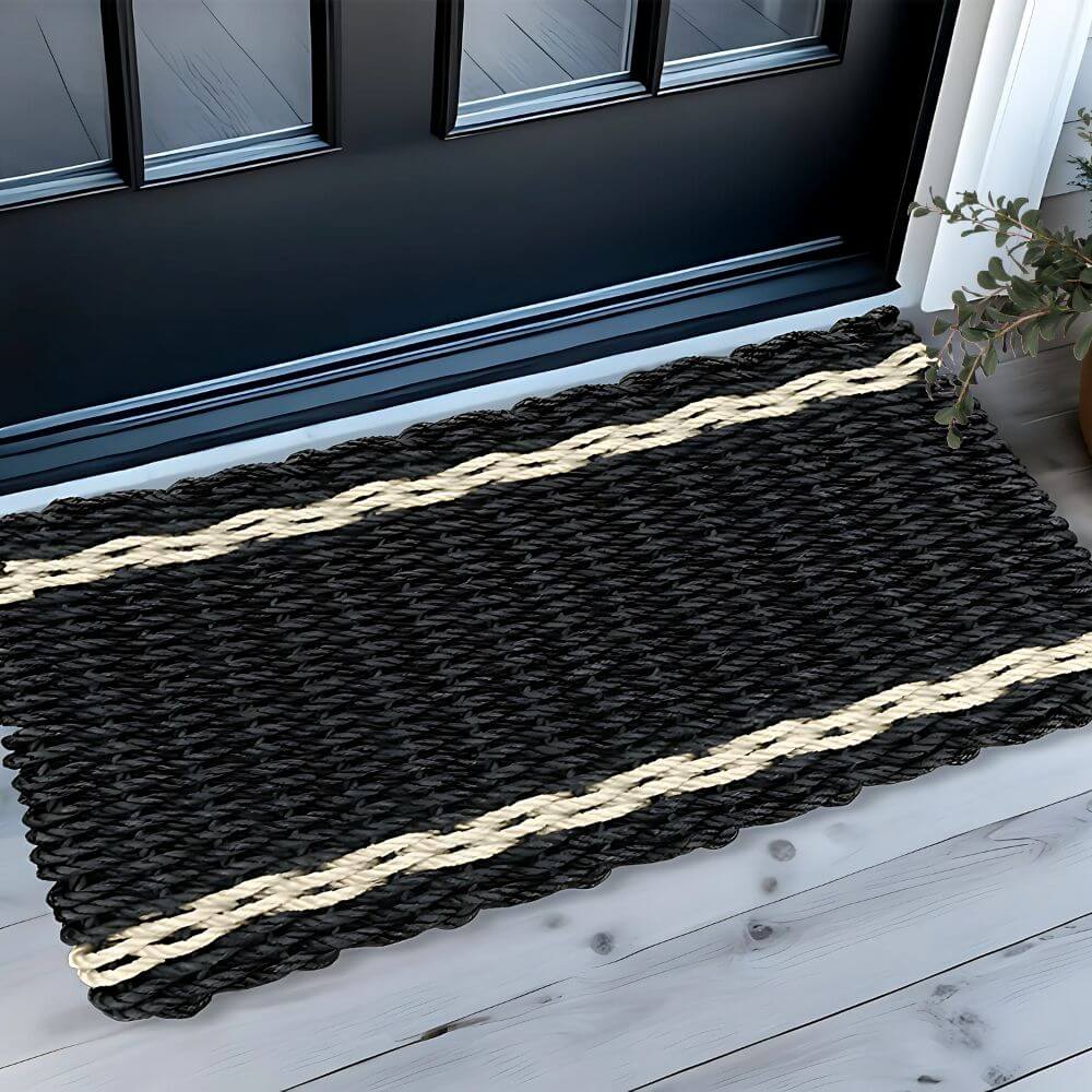 Lobster Rope Outdoor Doormat/Black & Light Tan Tailored Stripes