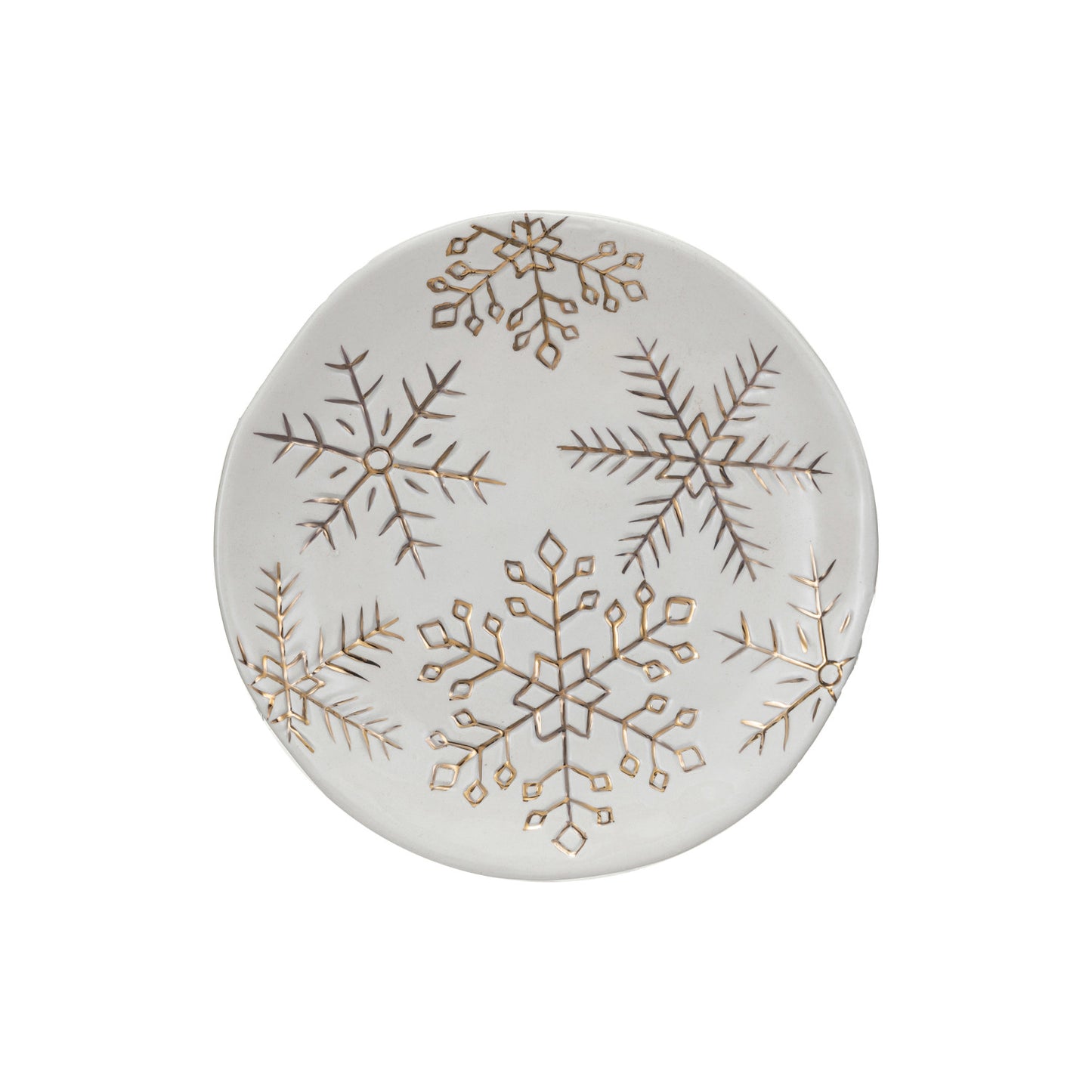 White Stoneware Plate With Gold Snowflakes