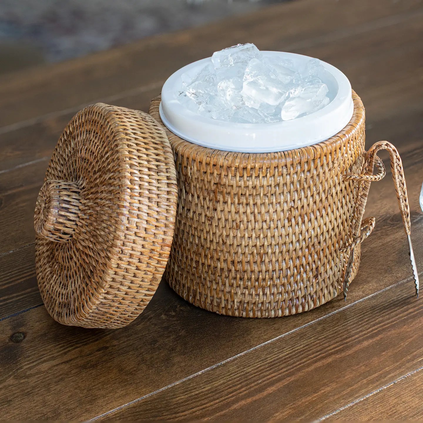 Rattan Ice Bucket With Tongs