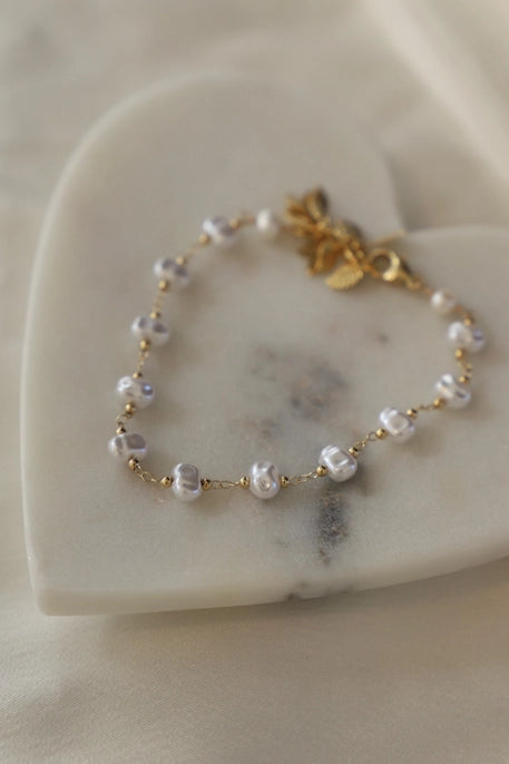 Pearl Station Chain Bracelet 24K Gold Plate