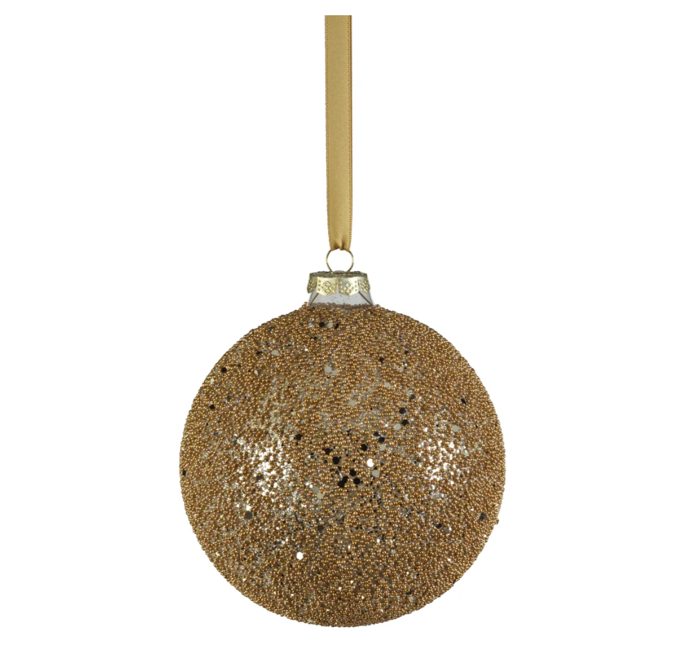 Beaded Glass Ball Ornament, Gold