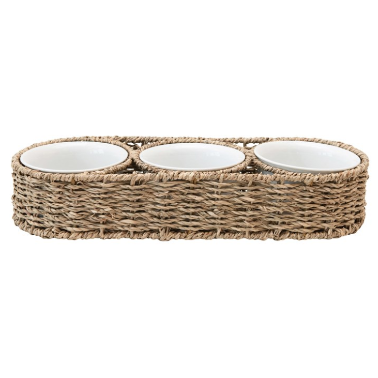 Hand-Woven Seagrass Basket w/ 6 oz. Ceramic Bowls