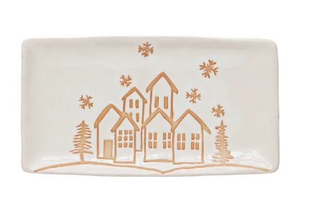 Stoneware Platter with Winter Town Image